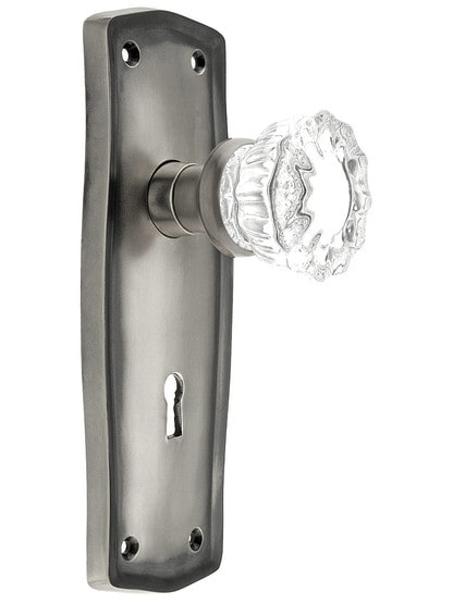 Prairie Design Mortise Lock Set With Fluted Crystal Door Knobs in Antique Pewter.